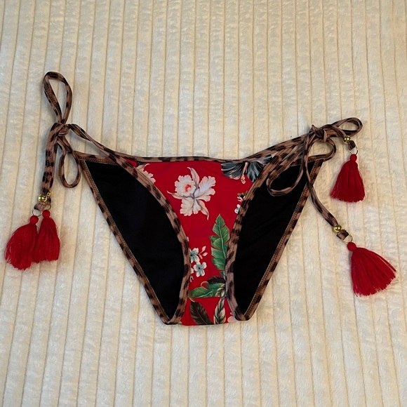 VENUS Red and Black Floral Bikini Bottom with Leopard Trim - Picture 1 of 8